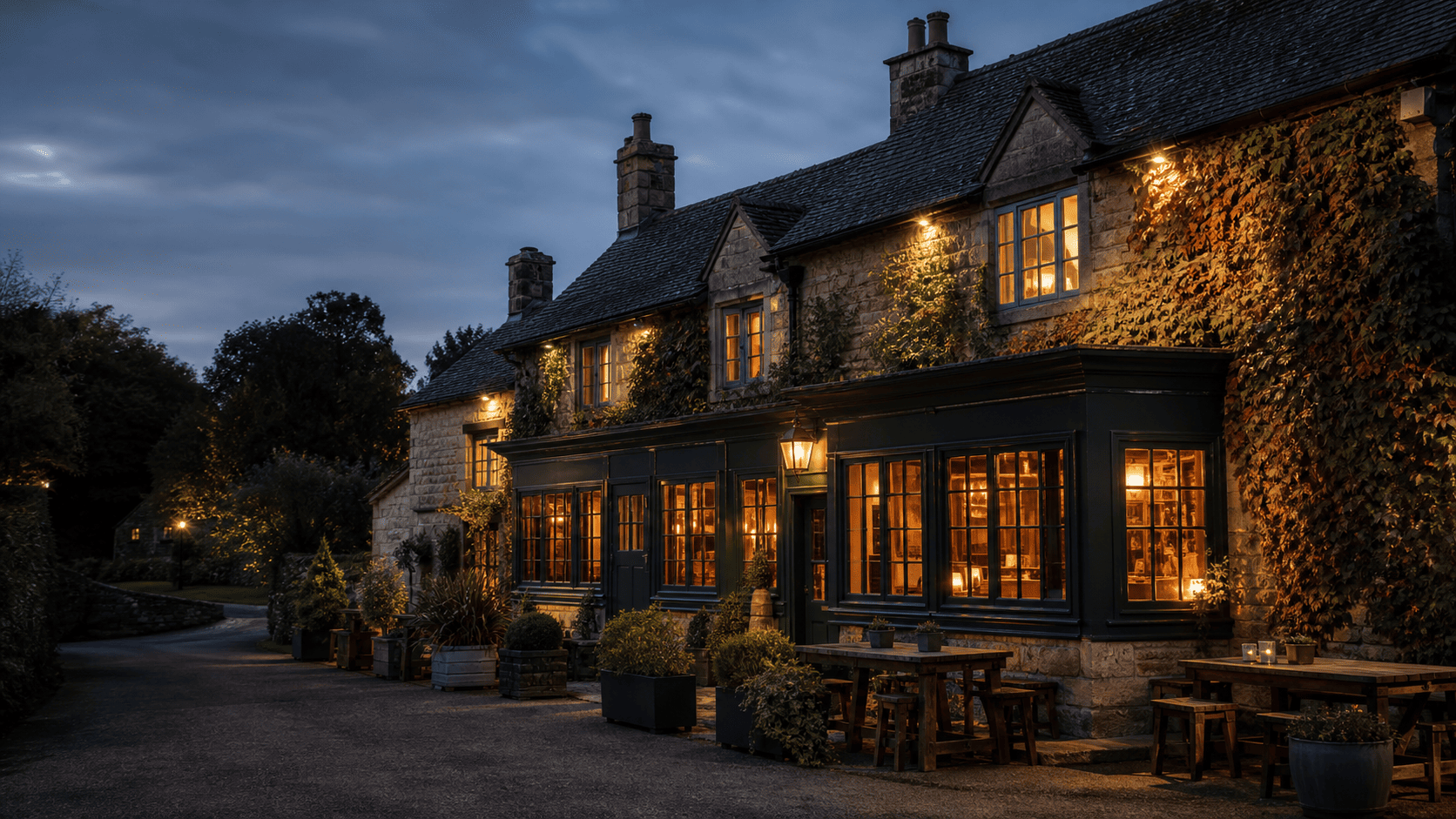 A welcoming stone country pub glowing at dusk