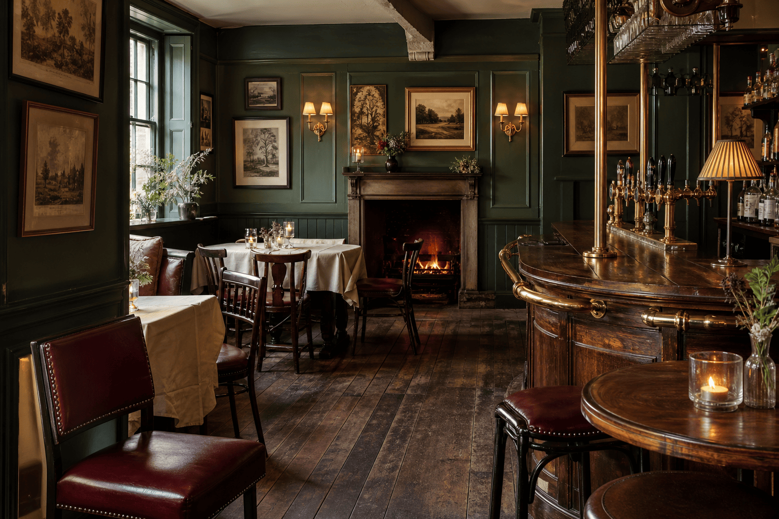 The cosy green-panelled bar and dining room at The Beagle Arms