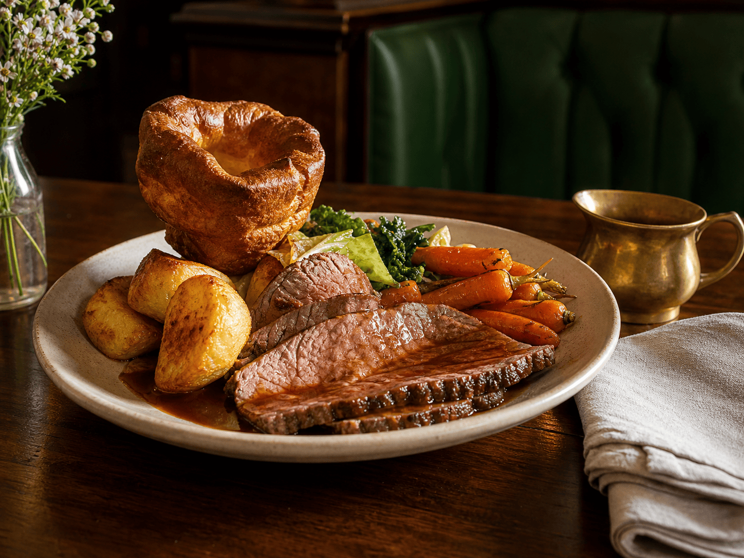 Roast beef with Yorkshire pudding and seasonal vegetables